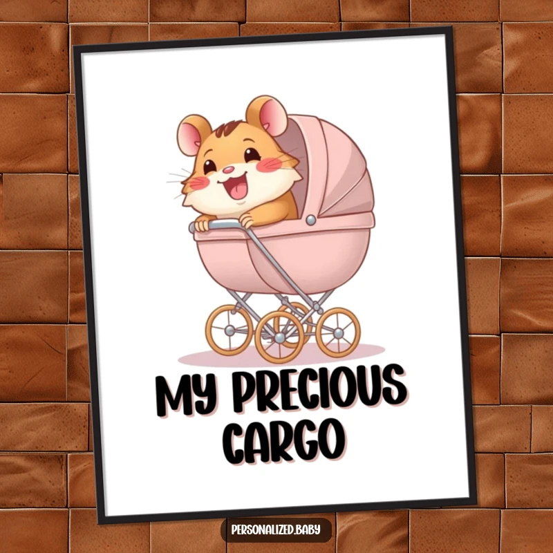 Funny Digital Art Print of a happy hamster pushing a large baby carriage, celebrating the humorous journey of pet parenting.