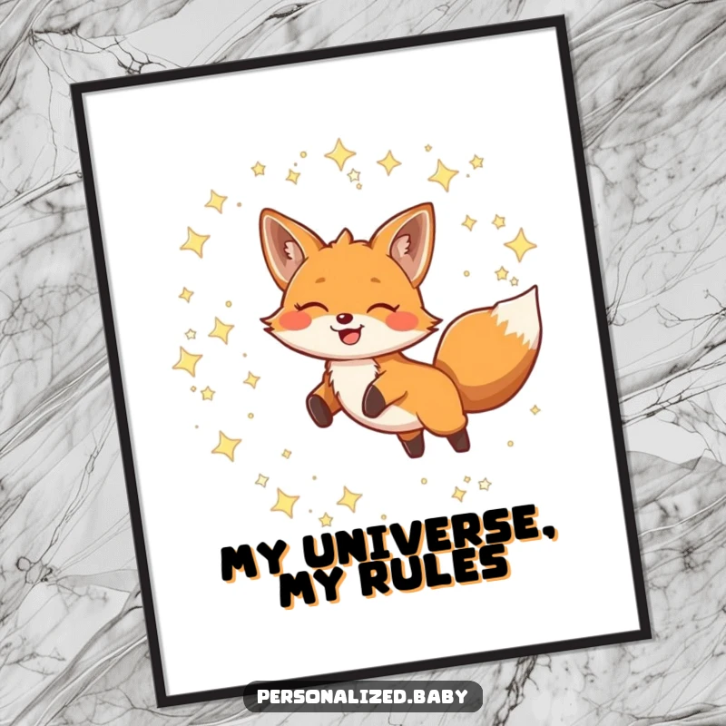 Funny Digital Art Print of a smiling fox joyfully leaping through twinkling constellations, perfect for vibrant wall decor.