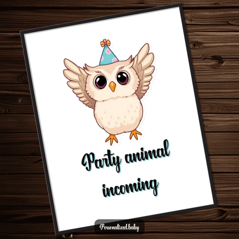 Funny digital art print of a baby owl in a party hat swooping, symbolizing dramatic surprise for wall decor.