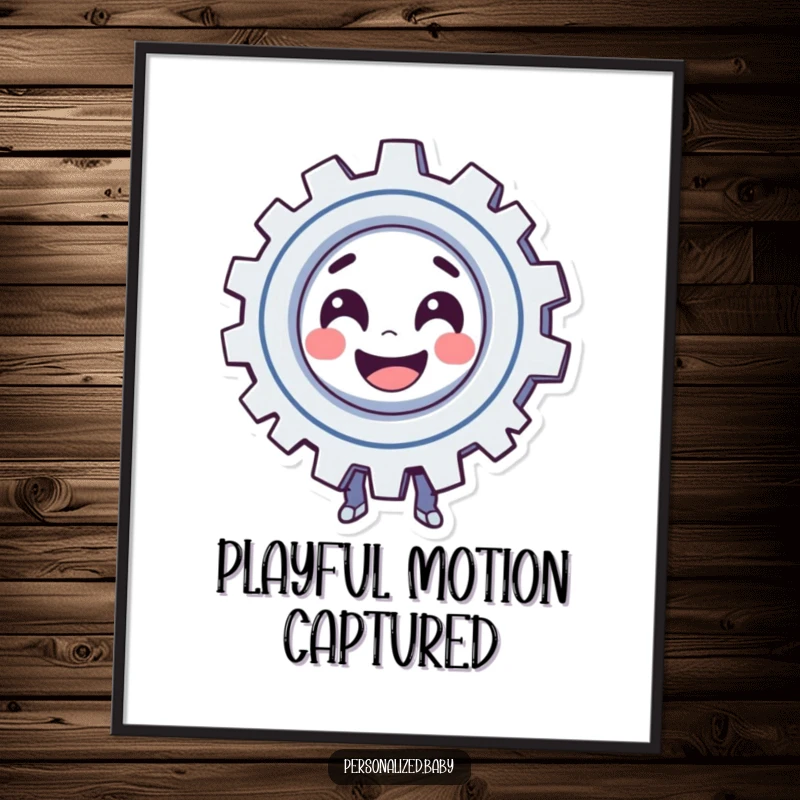 Funny Digital Art Print: Smiling, spinning gear character exudes playful automation. Unique funny gift.