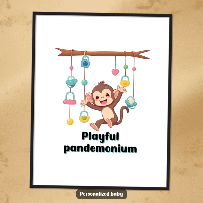 Funny Digital Art Print of a mischievous monkey tangled in a mobile of pacifiers, a humorous and relatable wall decoration for parents.