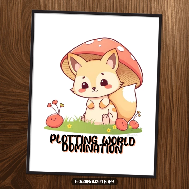 Funny Digital Art Print: Mischievous fox kit peeking from behind a mushroom, creating whimsical decor and playful woodland charm.