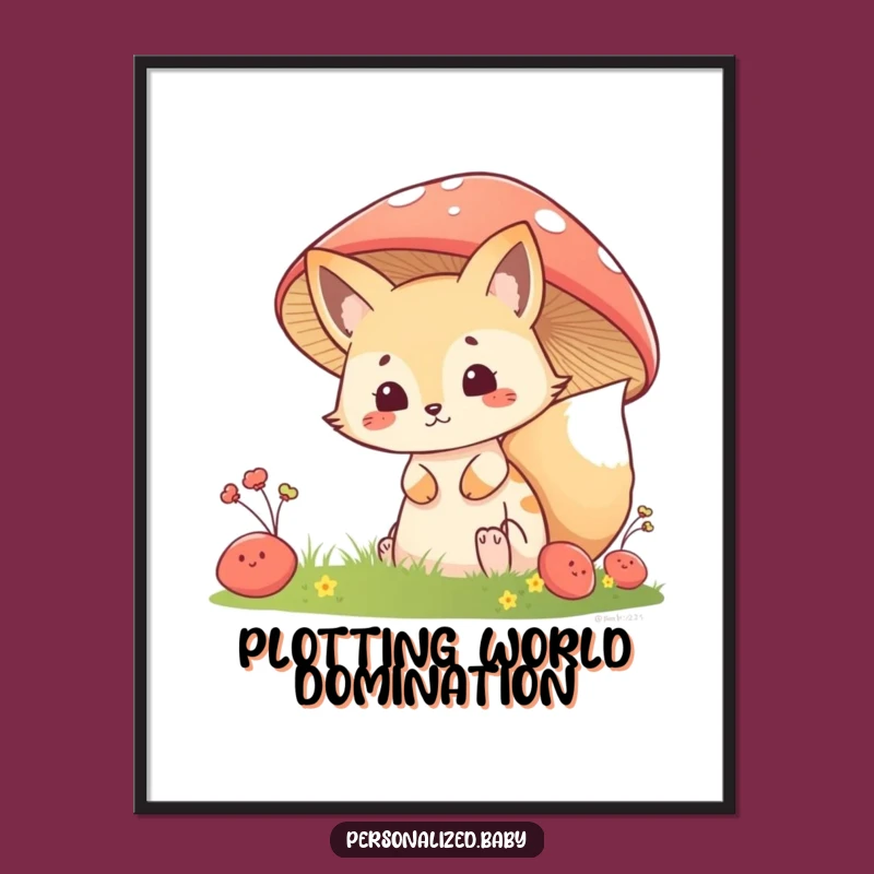 Funny Fox Kit Mushroom Digital Art: Woodland Mischief for Walls, Perfect Funny Gift!