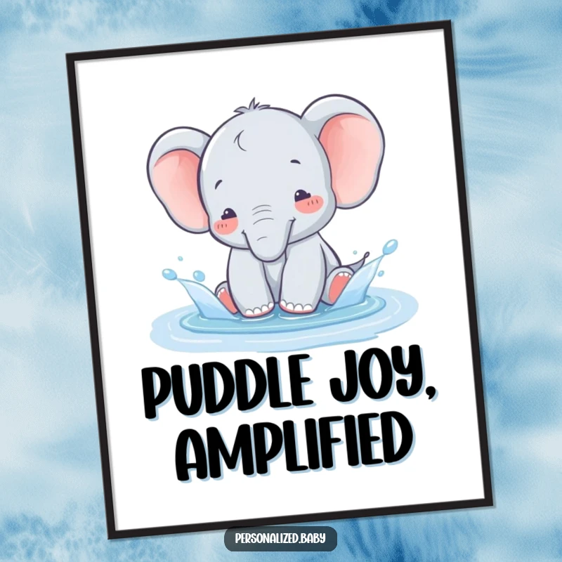 Funny baby elephant gleefully splashing in a puddle, a cheerful and humorous digital art print.