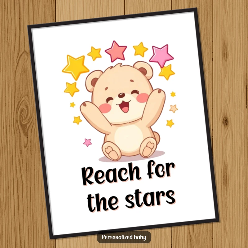 Funny digital art print of a bear cub juggling stars, conveying playful joy and humor for wall decor.