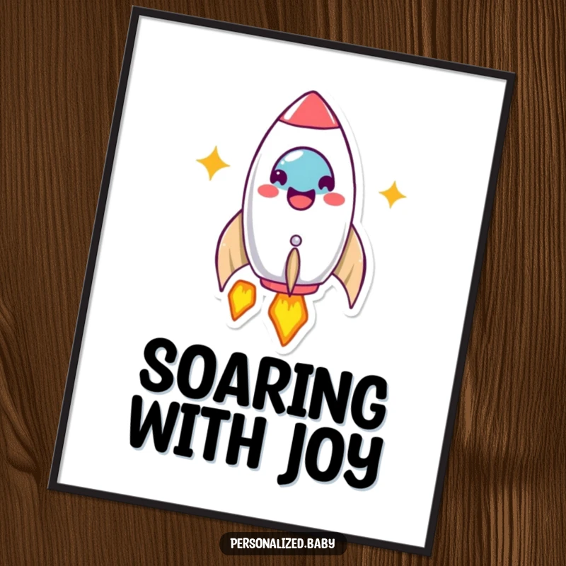 Funny Digital Art Print: Beaming rocket ship character launches happily. Inspiring and funny gift.