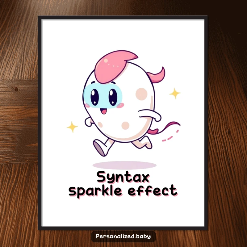 Funny digital art print of a playful, zooming code character with a sparkly trail, ideal for virtual backgrounds.