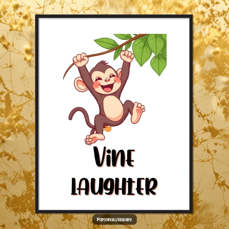 Funny baby monkey digital art print, swinging wildly from a vine, laughing hysterically, vibrant wall decor.