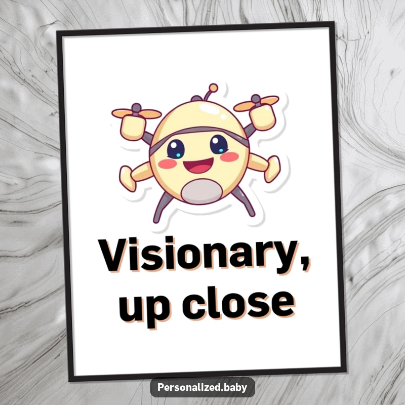 Funny drone digital art print, showing a happy, buzzing character with an infectious grin, for decoration.