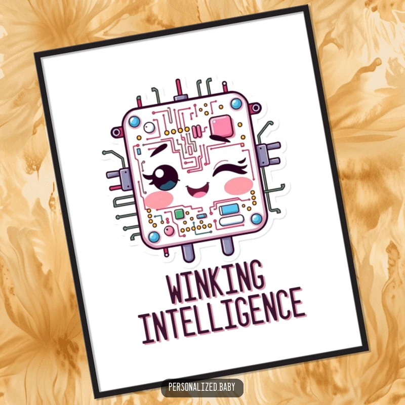 Funny Digital Art Print: Cheerful, animated circuit board character winks. Unique funny gift.