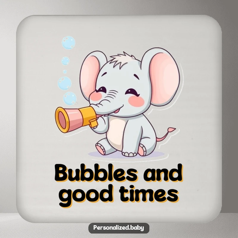 Funny drink coaster featuring a tiny, joyful elephant character blowing bubbles from a toy trumpet, guarding your furniture.