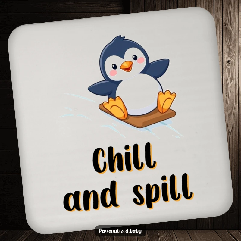 Funny drink coaster showcasing a happy penguin sliding down a starry, icy slope, adding a touch of arctic humor to any table.