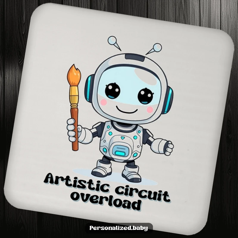Funny drink coasters showing a happy, buzzing AI robot character holding a paintbrush, ideal for protecting tables.