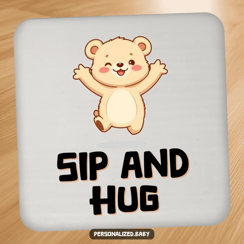 Funny Coaster: A fluffy bear cub jumping with open arms, protecting surfaces with adorable charm and a dose of pure joy.