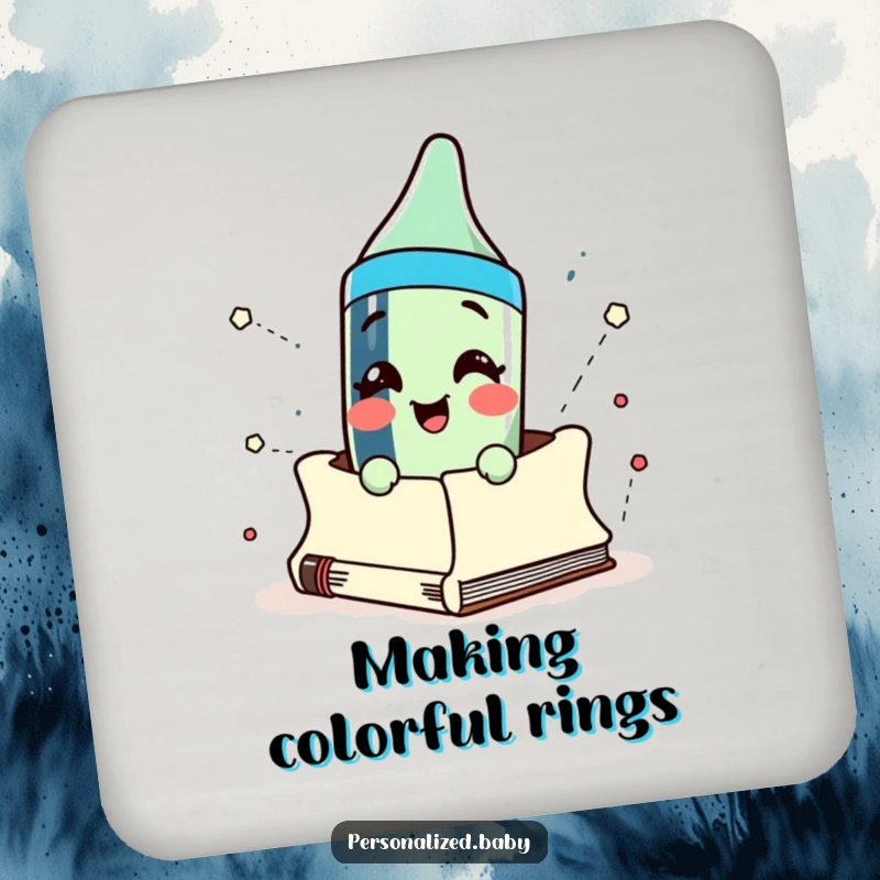 Funny crayon character bursting out of a sketchbook, serving as a humorous and artistic drink coaster.