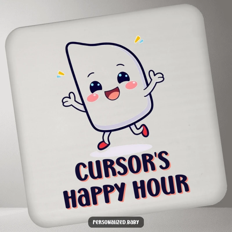 Funny drink coasters showing a cheerful, blinking cursor character dancing with delight, ideal for protecting tables.