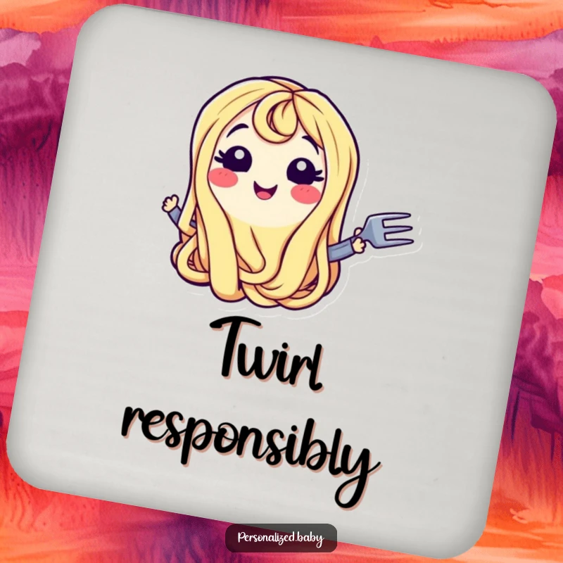 Funny Drink Coaster: Smiling wiggling spaghetti noodle character with a fork, a humorous depiction of pasta love, perfect for tabletops.