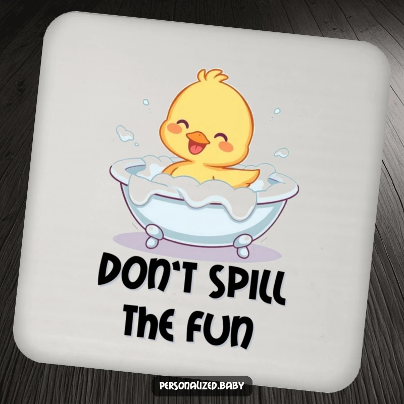 Funny Drink Coaster featuring a happy duckling character splashing in a foam-filled bathtub, adding humorous charm to tables.