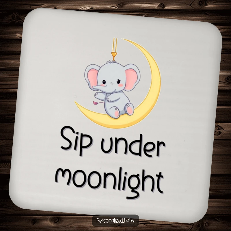 Funny coasters with a tiny elephant gleefully swinging from a crescent moon, protecting surfaces with humorous celestial art.