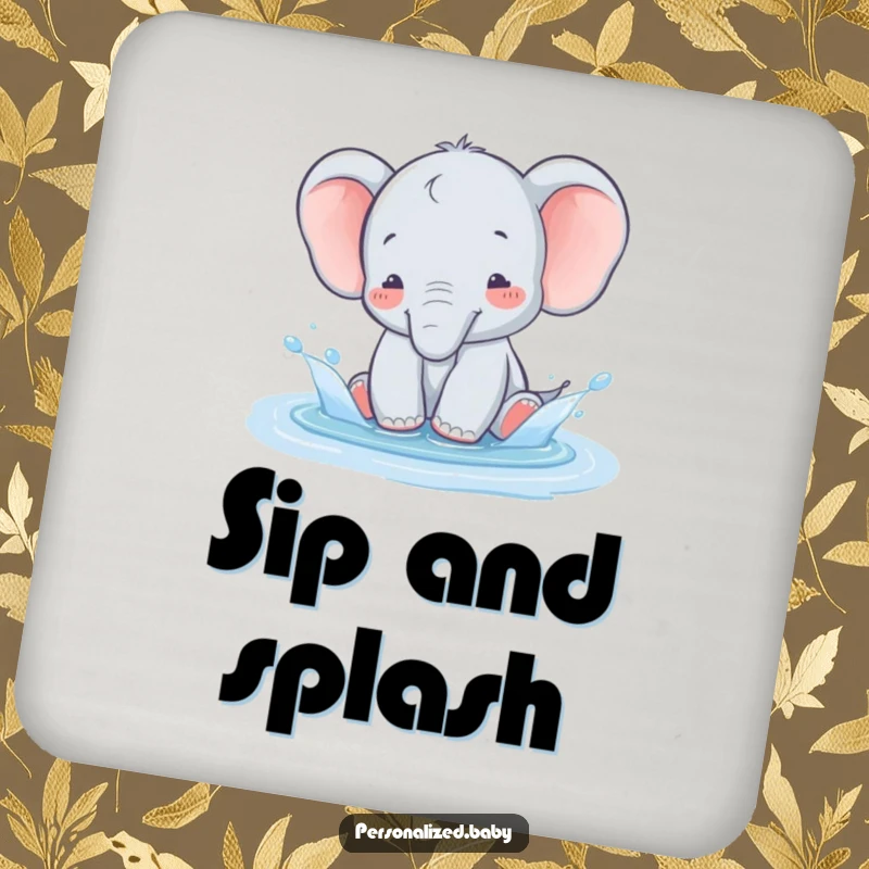 Funny baby elephant splashing in a puddle on a drink coaster, adding cute and humorous decor.