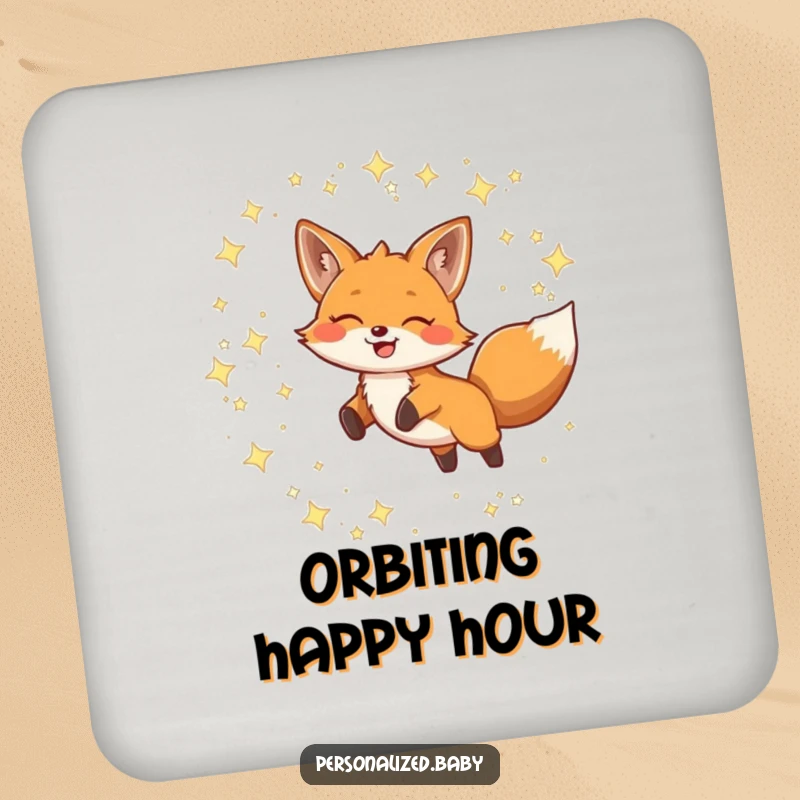 Funny Drink Coasters showcasing a smiling fox leaping through twinkling constellations, adding a whimsical touch to tabletops.