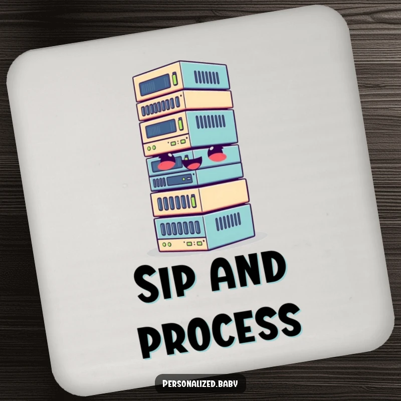 Funny coaster featuring a giggling, wobbly stack of data blocks, protecting surfaces with data-themed humor.