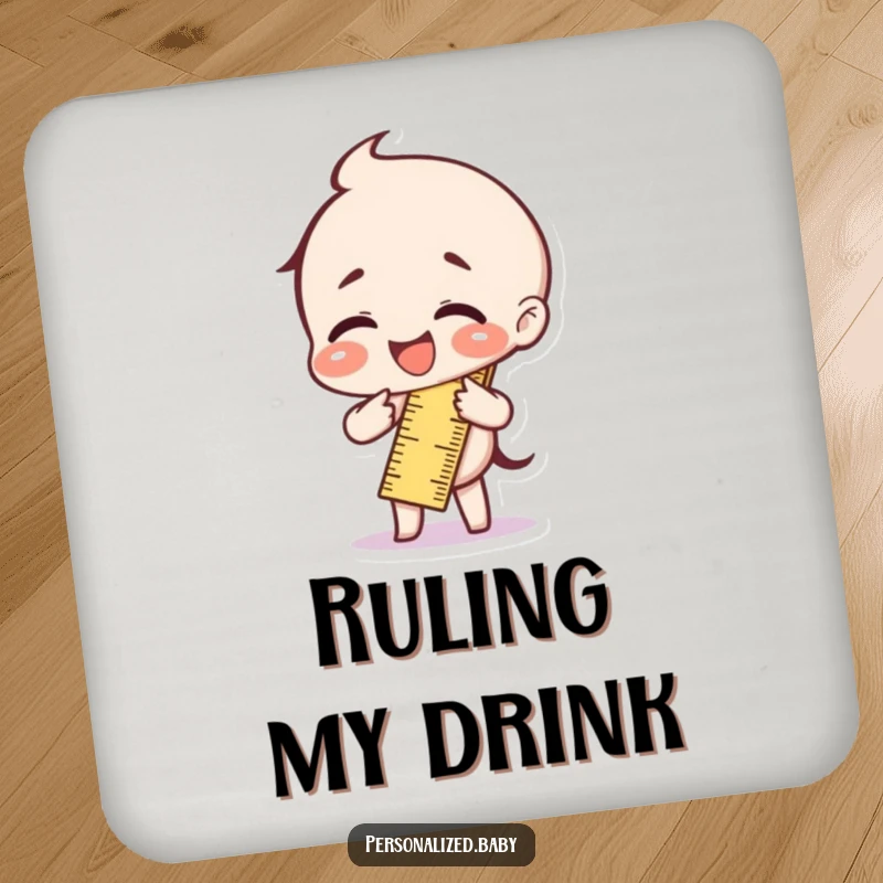 Funny ruler character bent double with laughter, serving as a humorous and practical drink coaster.