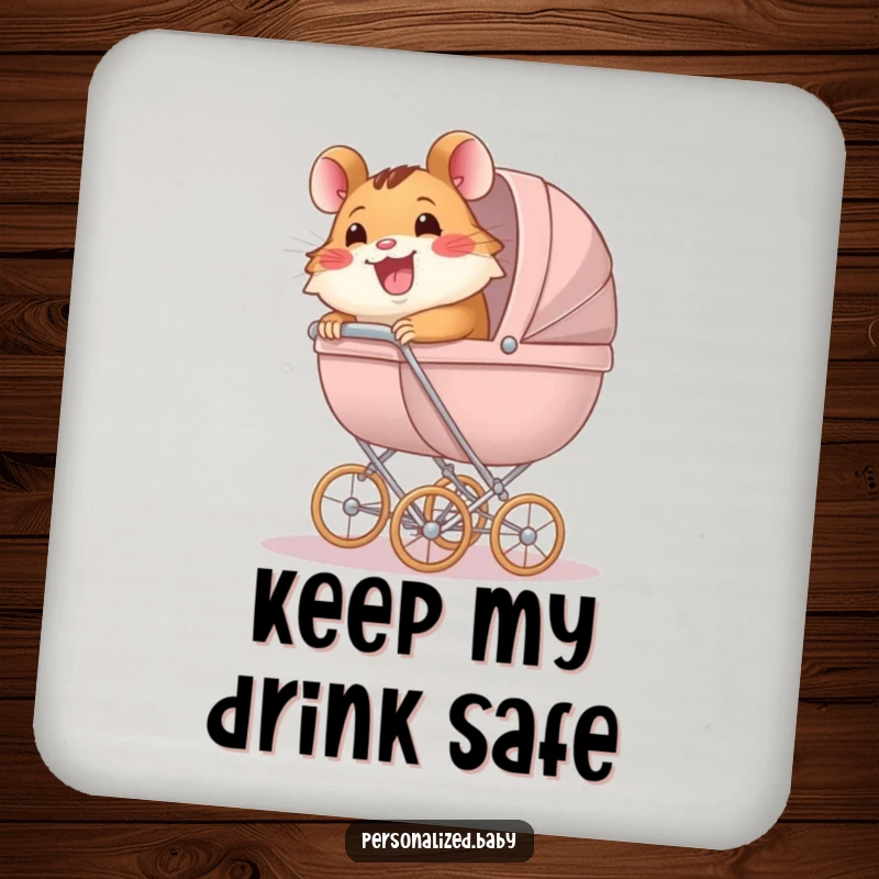 Funny Drink Coaster featuring a happy hamster pushing an oversized baby carriage, adding humorous charm to tables.