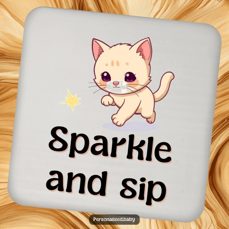 Funny drink coaster showing a curious kitten chasing a sparkly comet tail, adding cosmic charm to tables.