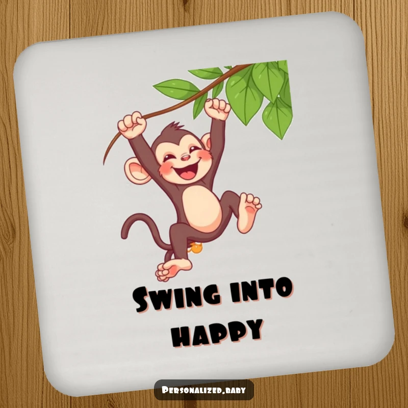 Funny baby monkey drink coaster, swinging from a vine, captured mid-laugh, a playful addition to any surface.