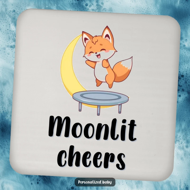 Funny drink coaster with a fox cub bouncing on a crescent moon, a humorous and protective accessory for tables.