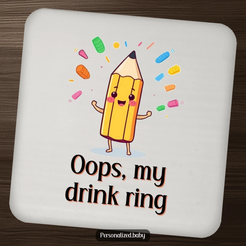 Funny anthropomorphic pencil character juggling colorful eraser marks, serving as a humorous and artistic drink coaster.