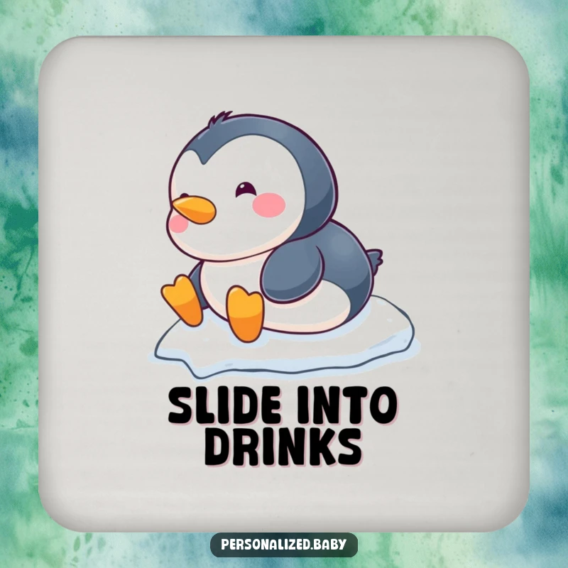 Funny chubby baby penguin drink coaster, sliding down a snowy hill, a cute and functional accessory.