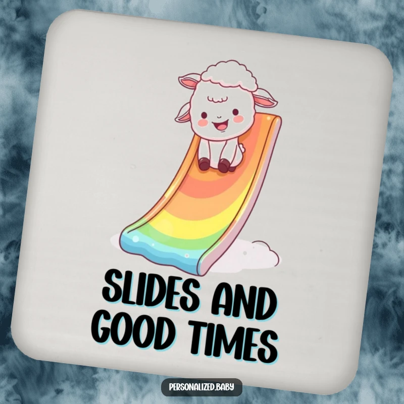 Funny Drink Coaster with a giggling lamb tumbling down a shimmering rainbow slide, symbolizing pure joy and playful fun.