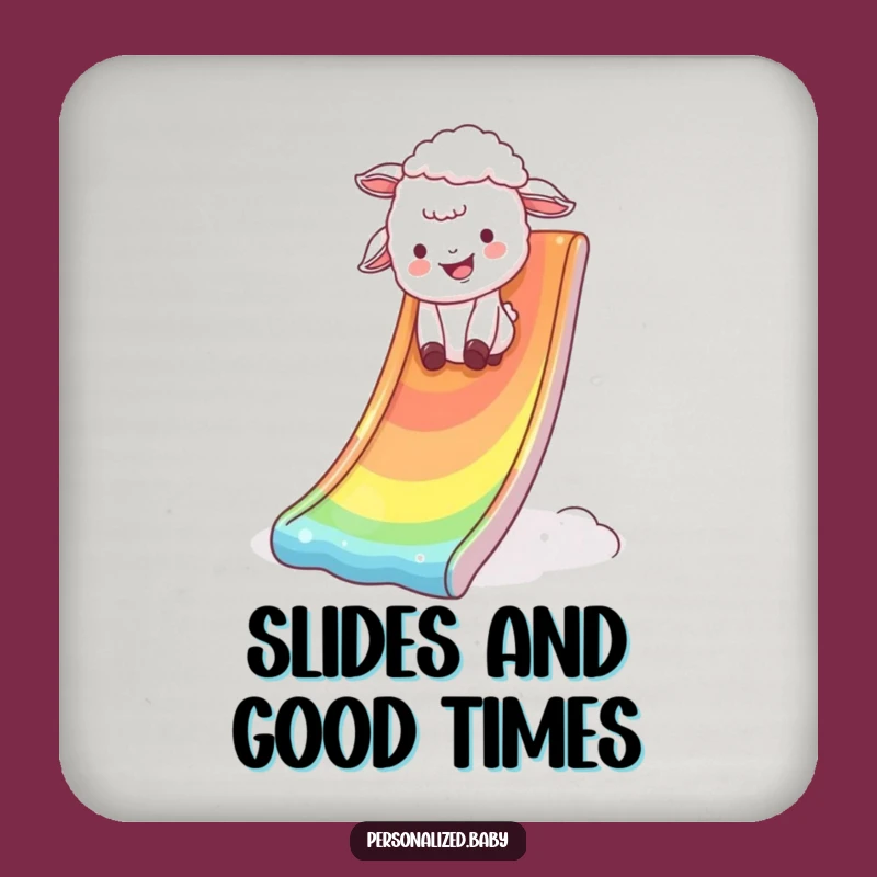Funny Rainbow Ride Drink Coaster: Lamb on slide, a humorous gift.