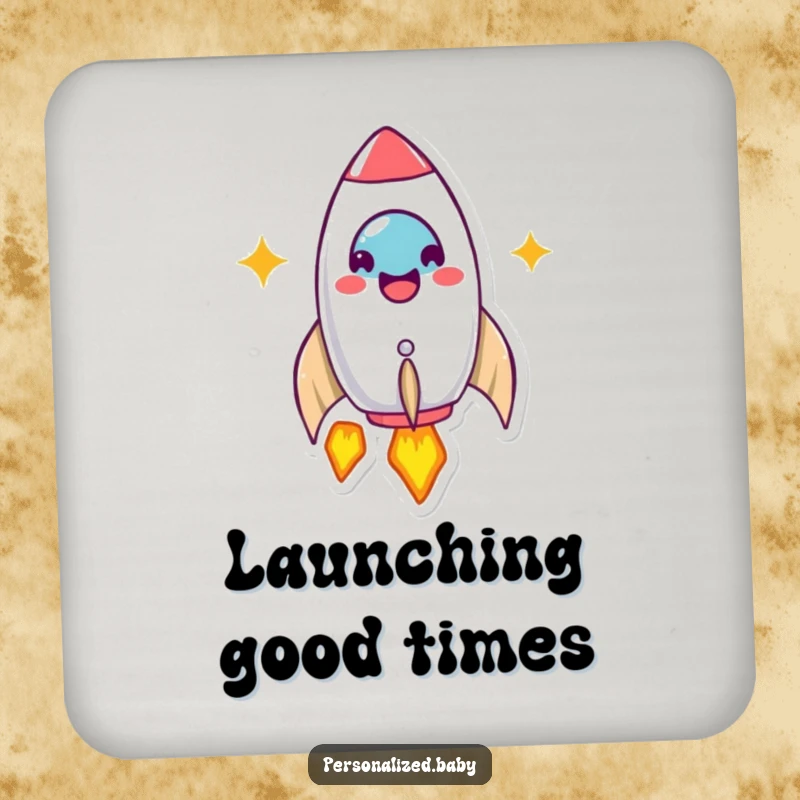 Funny Coaster: Beaming rocket ship character launches with a happy expression. A fun and funny gift for any home.
