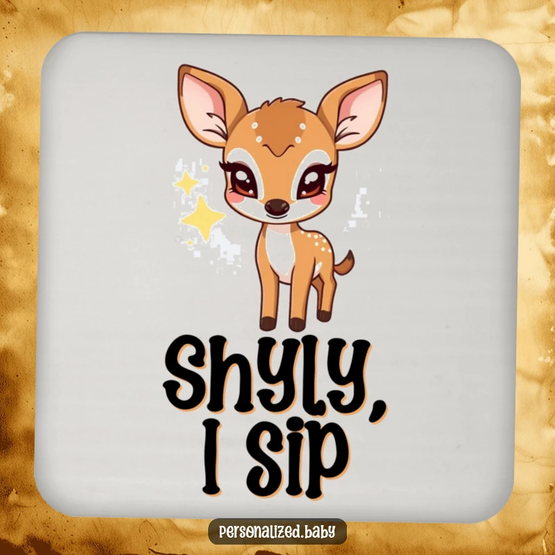 Funny coaster featuring a shy deer fawn peeking from behind a twinkling star, protecting surfaces with charm.