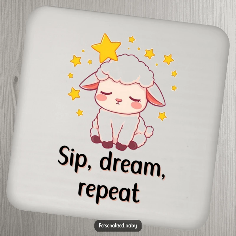 Funny Coaster: Sleepy lamb dreaming peacefully with swirling stars, adding calm charm and protecting surfaces.