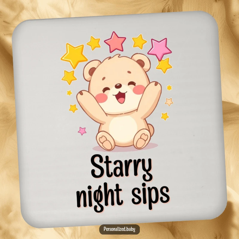 Funny drink coaster with a bear cub juggling stars, a humorous and protective accessory for tables.