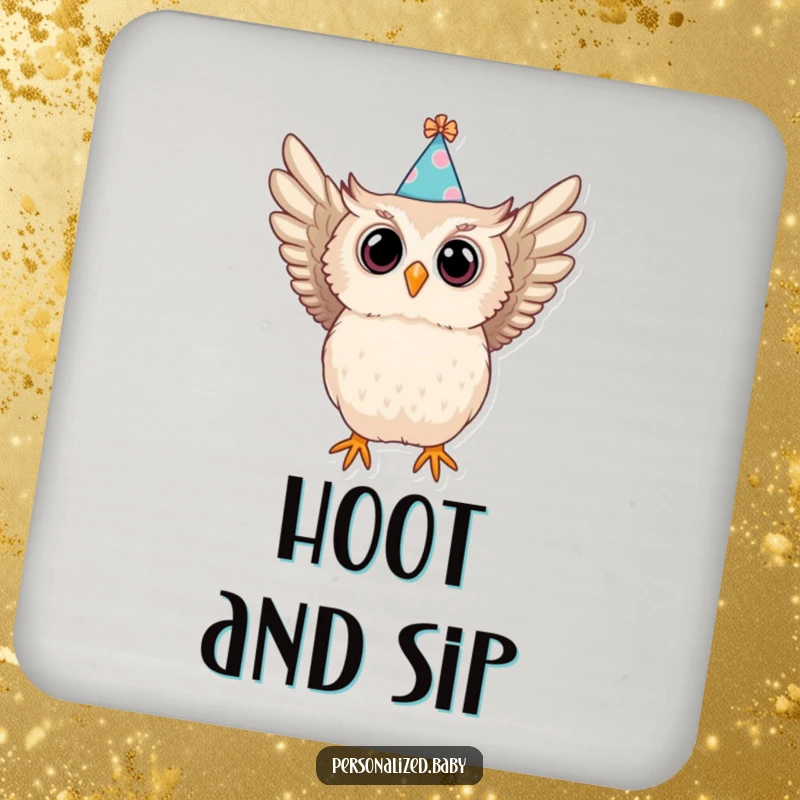 Funny drink coaster with a baby owl in a party hat swooping, a humorous and protective accessory for tables.