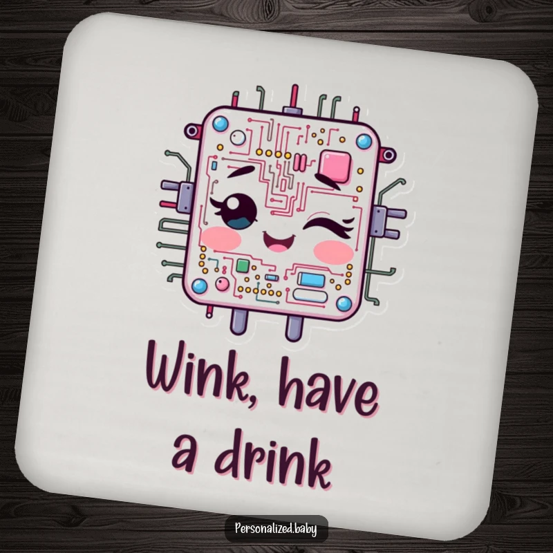 Funny Coaster: Cheerful, animated circuit board character winks. A fun and funny gift for any home.