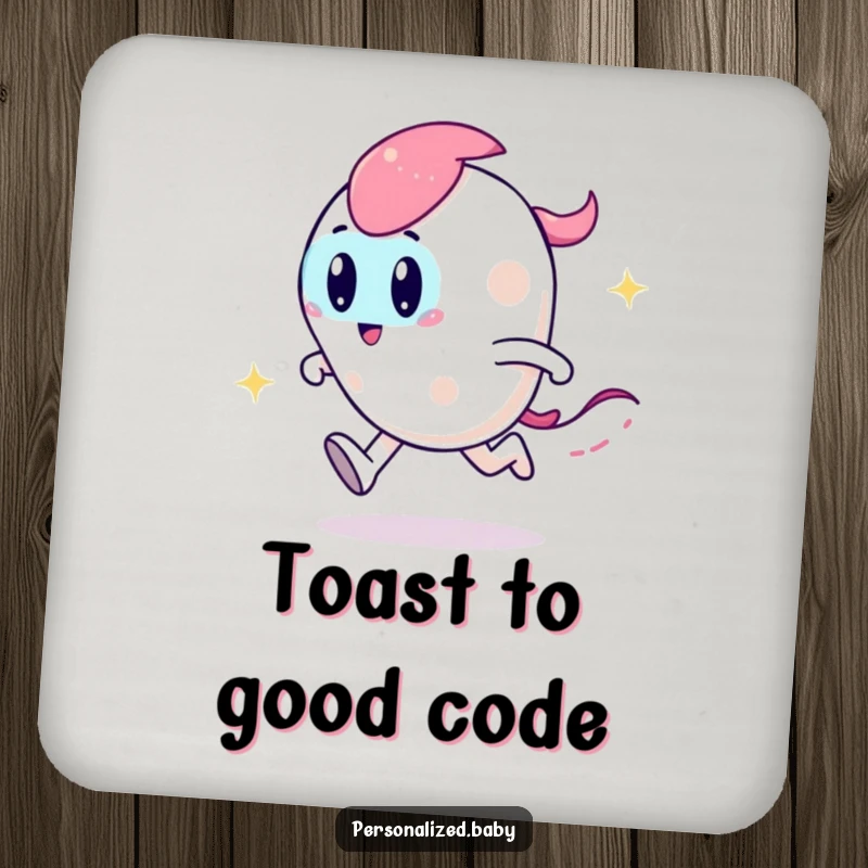 Funny coaster featuring a playful, zooming code character leaving a sparkly trail, protecting furniture with code humor.