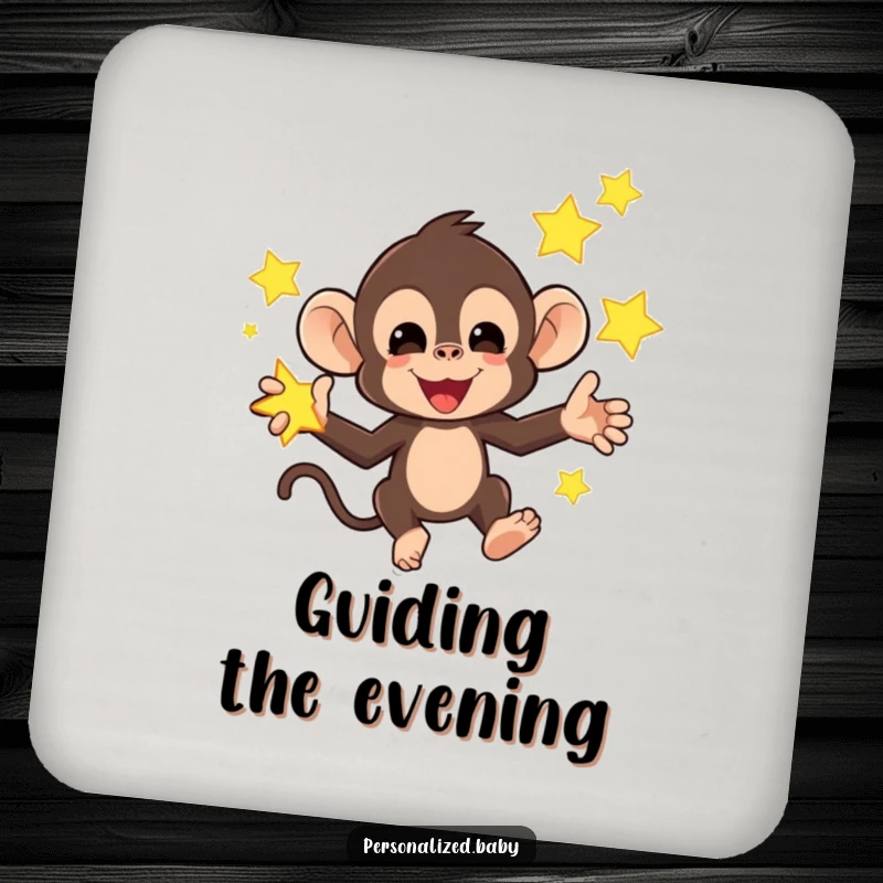 Funny coasters with a mischievous monkey juggling bright, glowing stars, protecting surfaces with humorous celestial art.