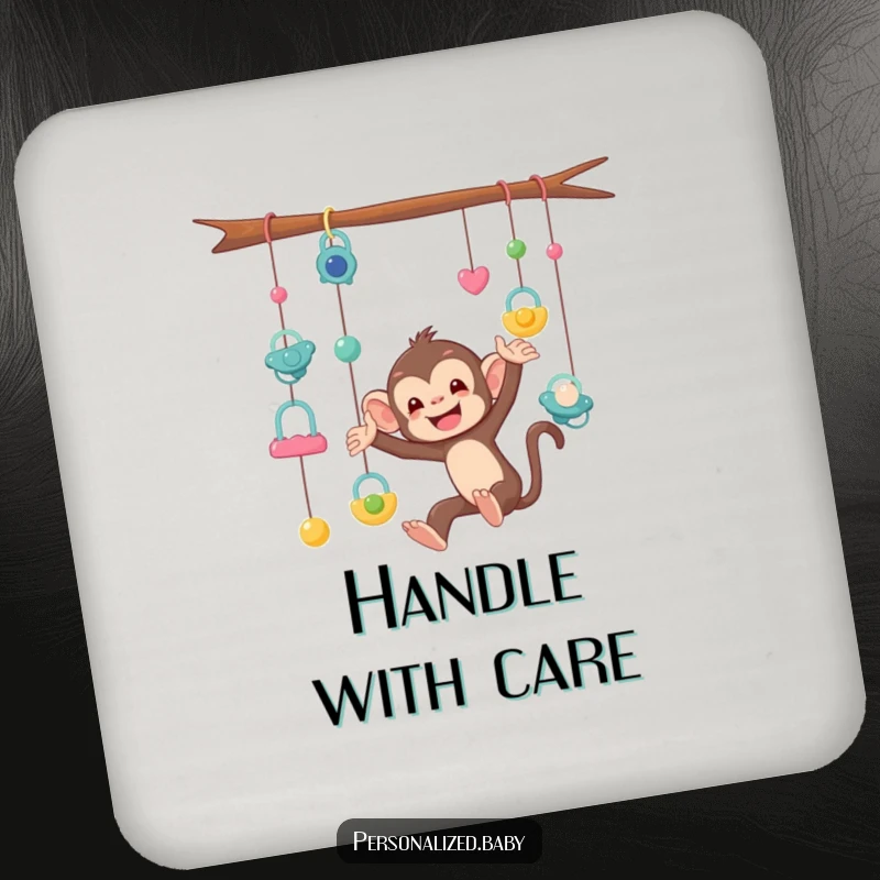 Funny Drink Coaster featuring a mischievous monkey tangled in a mobile of pacifiers, adding humorous charm to tables.