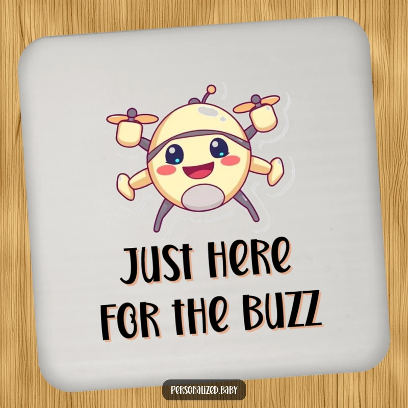 Funny drone drink coaster, depicting a happy, buzzing character with a wide grin, protecting tables.