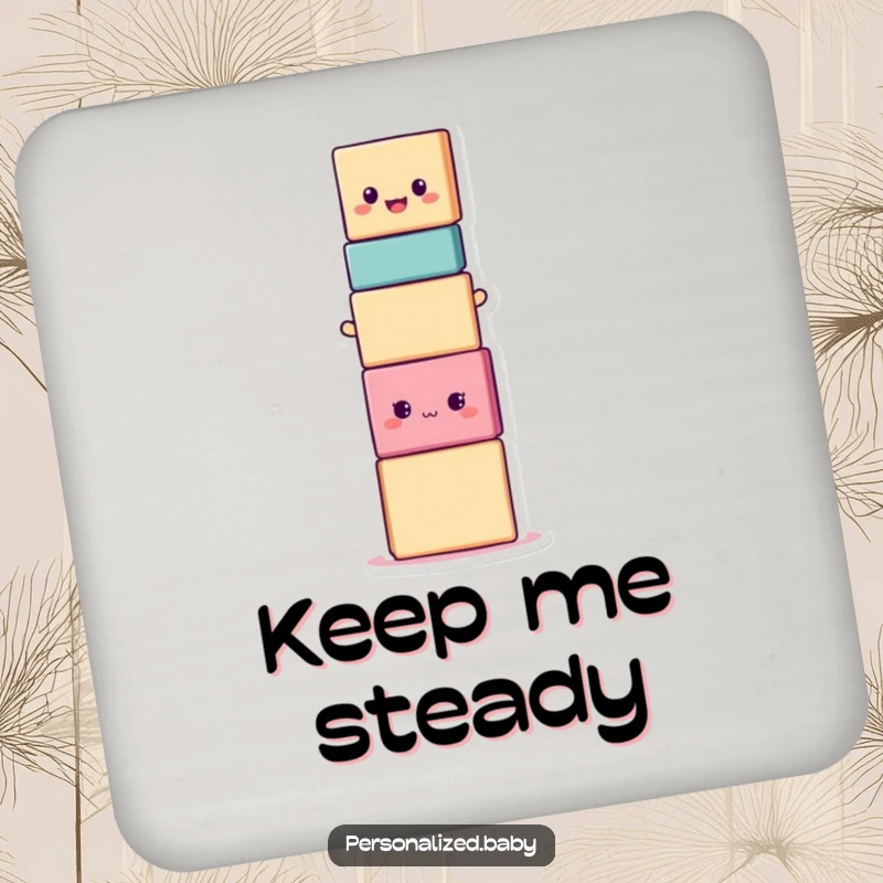 Funny smiling stacking block character in a precarious balancing act, a humorous coaster for protecting surfaces with a smile.
