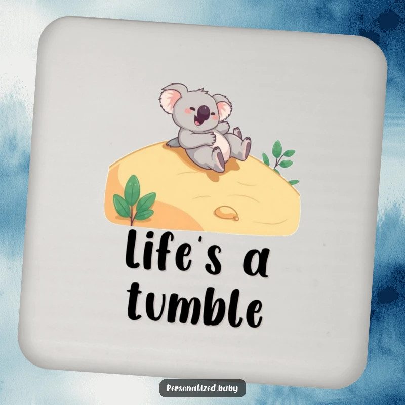 Funny Coaster: Giggling koala bear joyfully tumbling down a smooth hillside, adding playful charm and protecting surfaces.