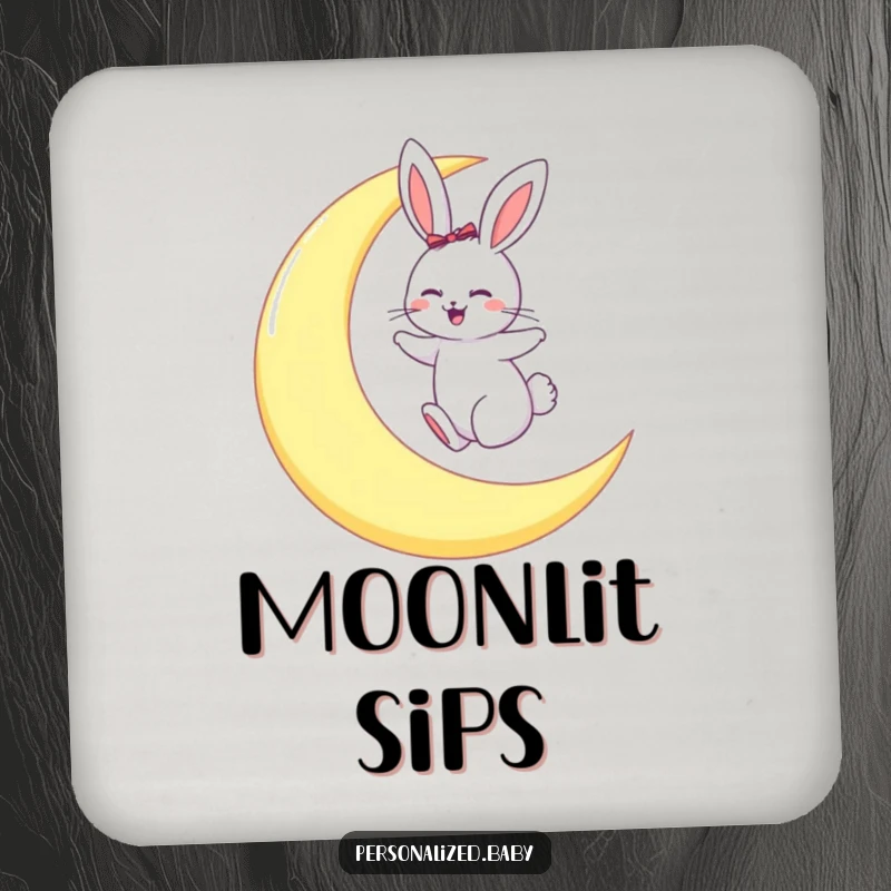 Funny drink coaster showing a giggling bunny hopping on a large crescent moon, adding celestial fun.