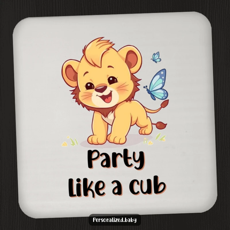 Funny drink coaster featuring a clumsy baby lion cub chasing a sparkling butterfly, protecting tabletops.