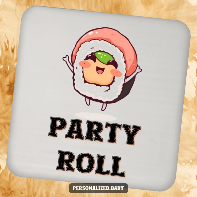 Funny drink coaster with a happy, dancing sushi roll, perfect for protecting tables with a humorous touch, great funny gift.